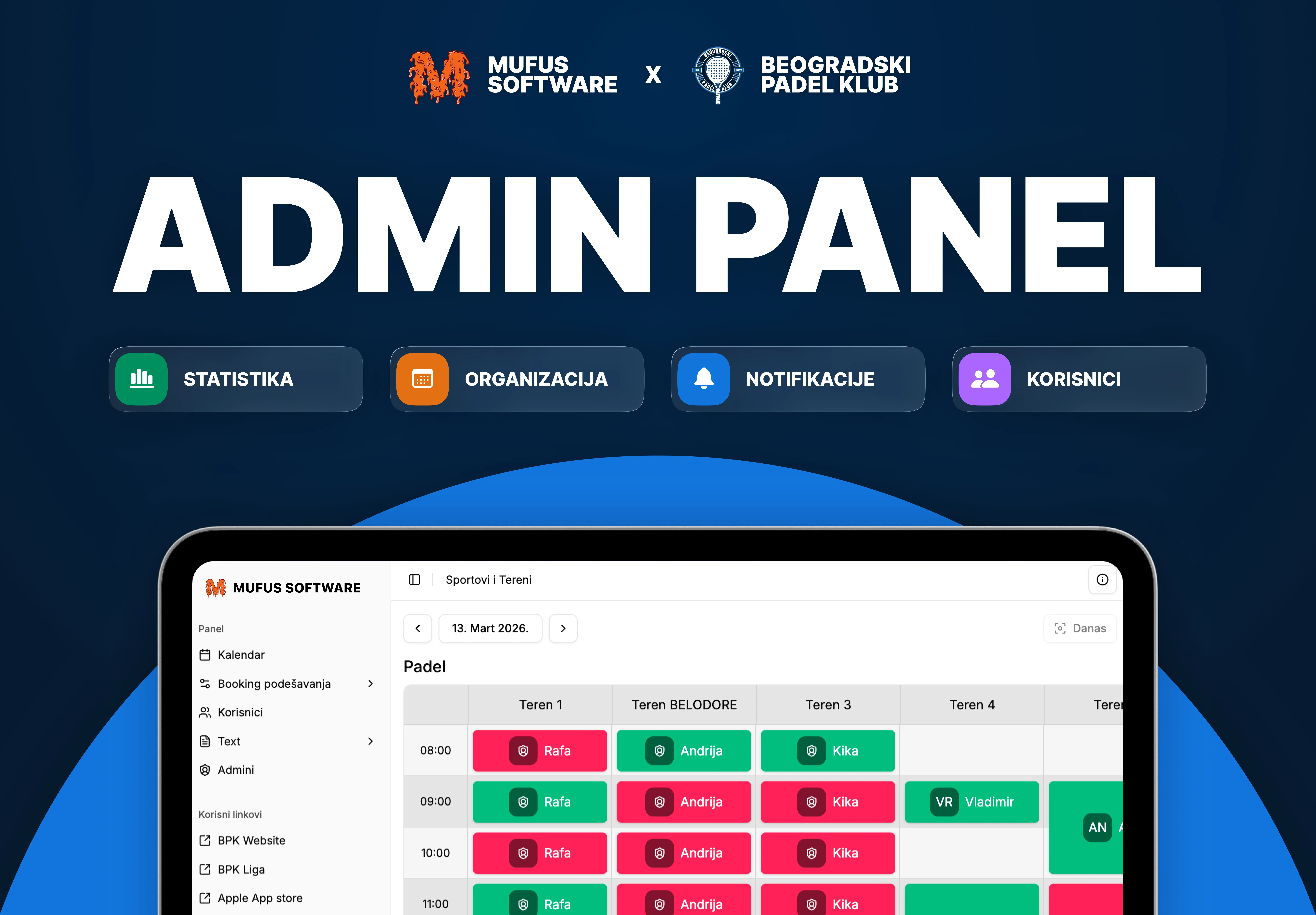 Sportski Hub admin panel — statistika, organizacija, korisnici i obaveštenja