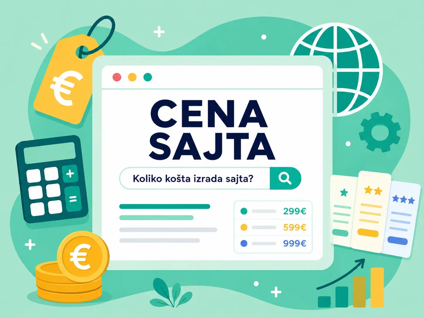 Ilustracija cene izrade sajta sa kalkulatorom, cenovnikom i različitim paketima za web sajt