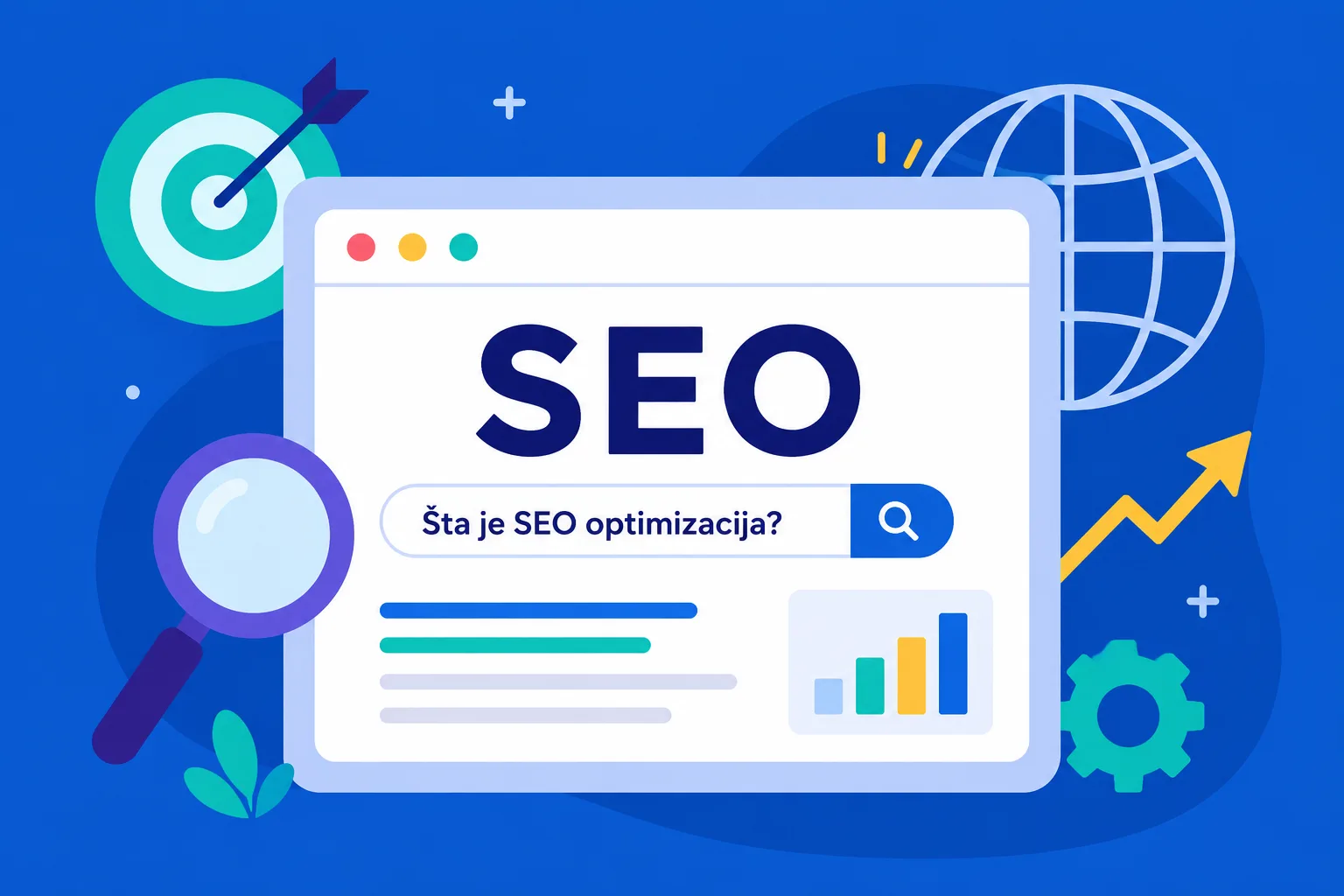 Ilustracija SEO optimizacije sa pretragom, analizom rezultata i rastom pozicije sajta na internetu